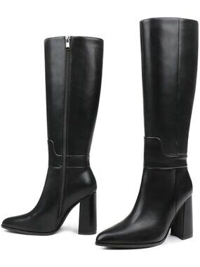 NIB MERUMOTE Black Knee High Block Heel Boots Pointed Toe 6.5